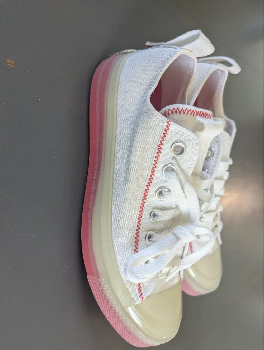 Converse Women's White Canvas Sneakers with Pink/Coral Accent Sole And Stitching
